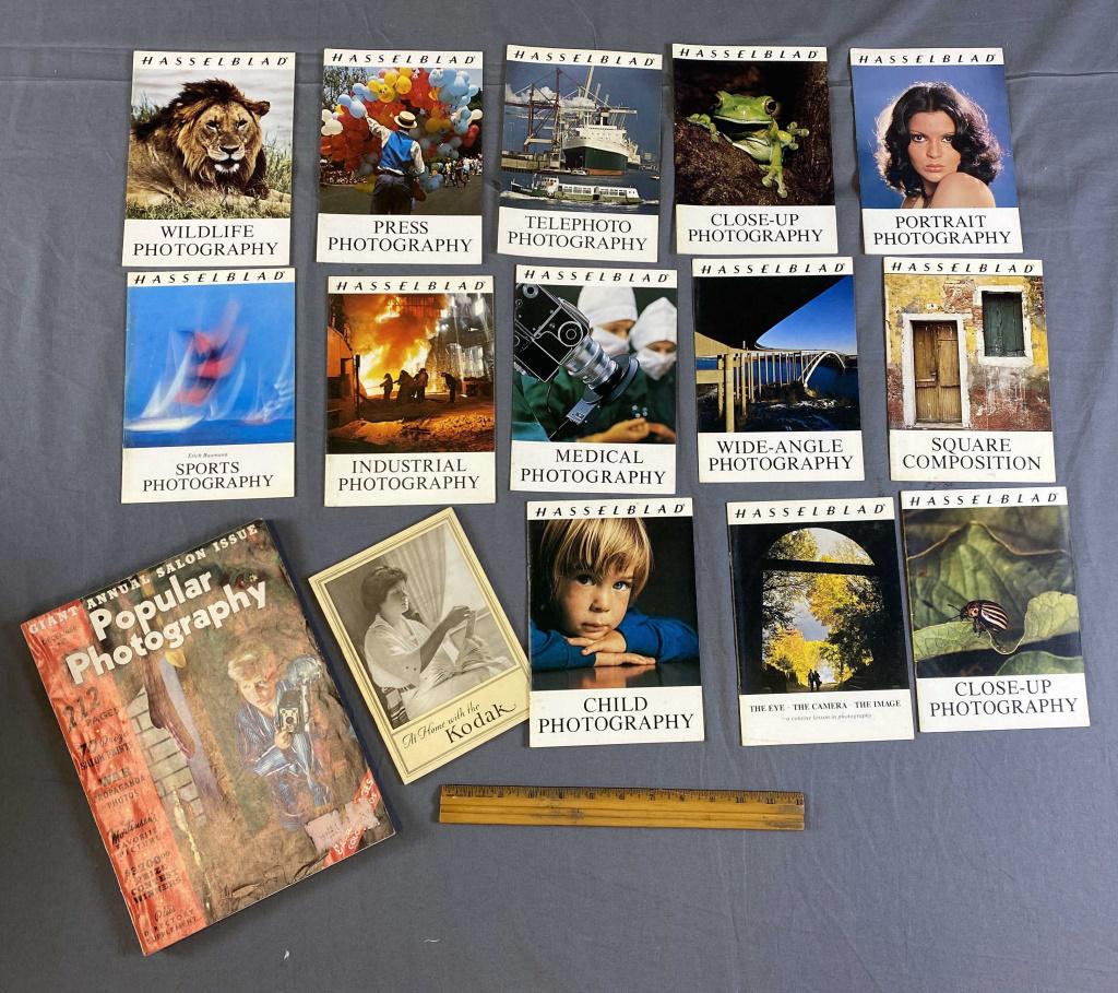 Photography Themed Memorabilia Collection: Includes 13 Instructional books from Hasselblad, a December 1939 Popular Photography magazine and an instructional booklet from Kodak circa 1920s.