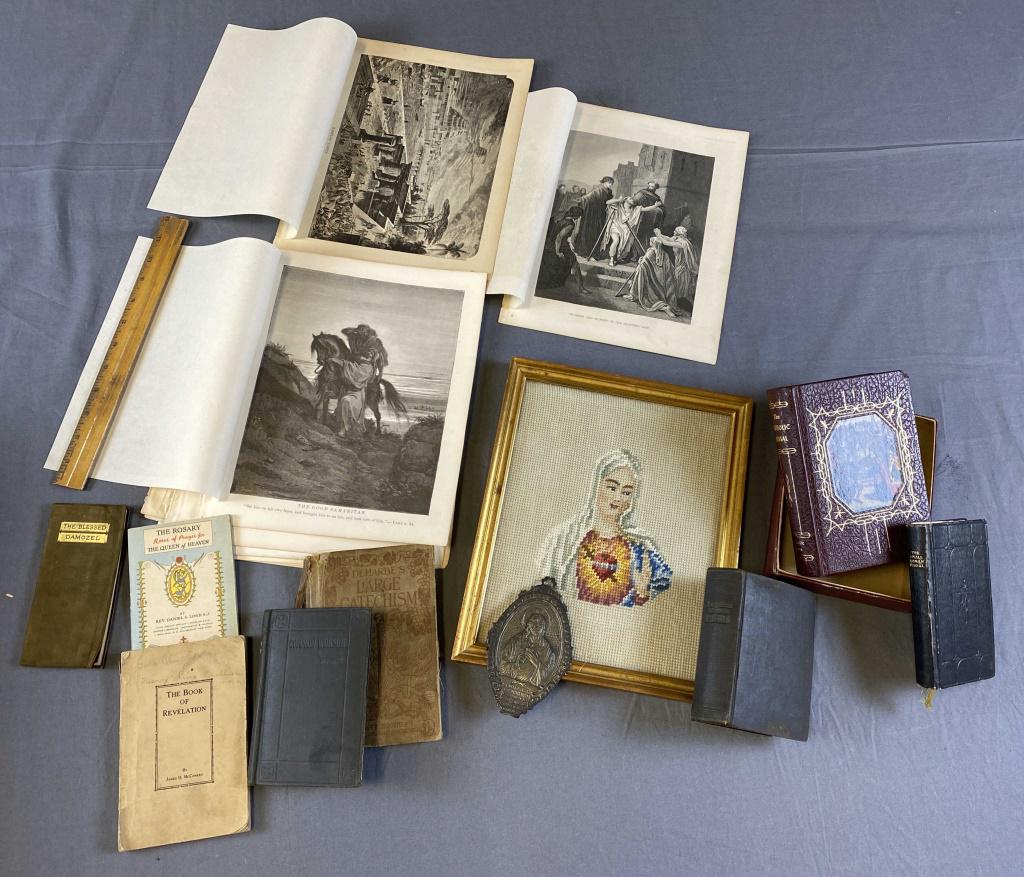 Group of Religious Ephemera and Books: Includes a collection of Bible themed etchings, several missals and other small books and more as shown.