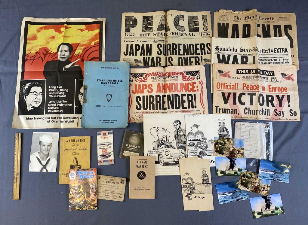WWII Era War and Political Ephemera: Includes newspapers, post cards, original cartoons and much more as shown including some earlier military items.
