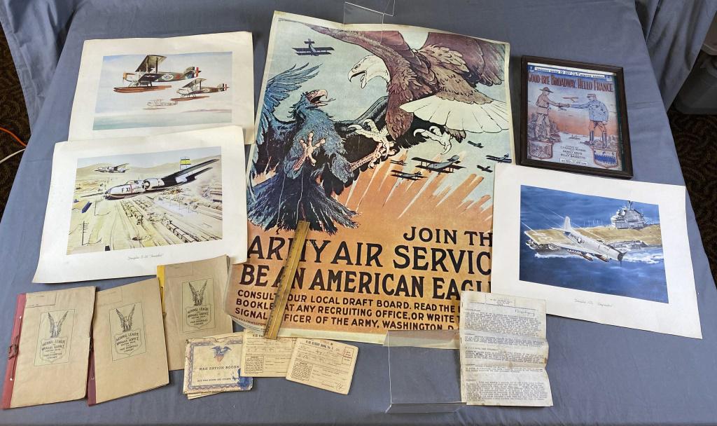 Military and War Time Ephemera, Ration Books: Includes reproduction poster, several airplane prints, a framed WWI piece of sheet music, war ration books and 3 war hospital booklets. Also includes a set of war plane picture cards and WWII Spotter 