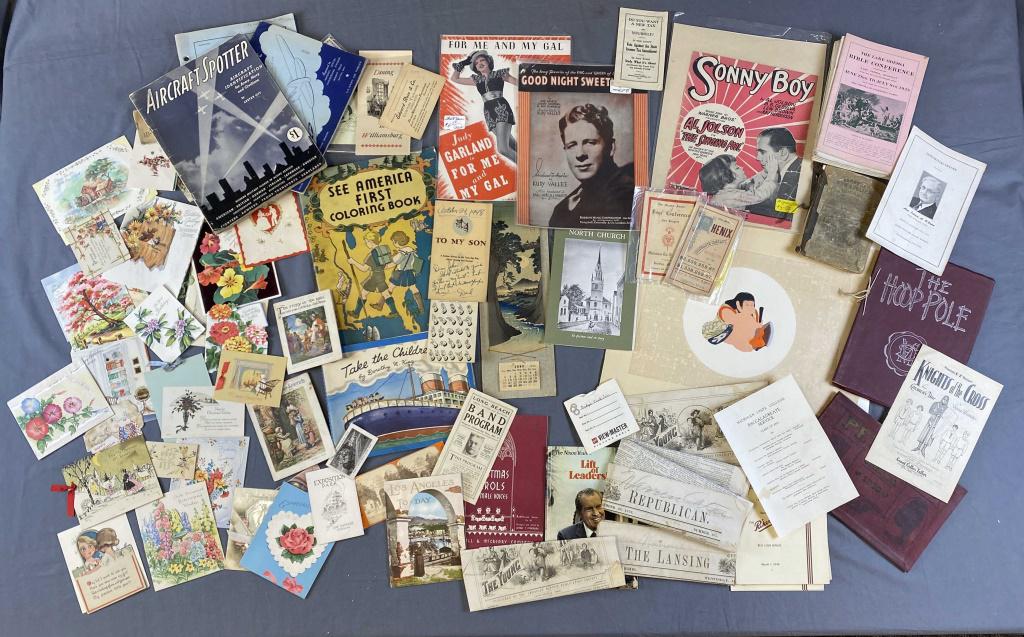 Antique Dealer's Collection of Mixed Ephemera: Includes a couple of Japanese wood block prints, sheet music, children's books and many other items both decorative and historical in nature.
