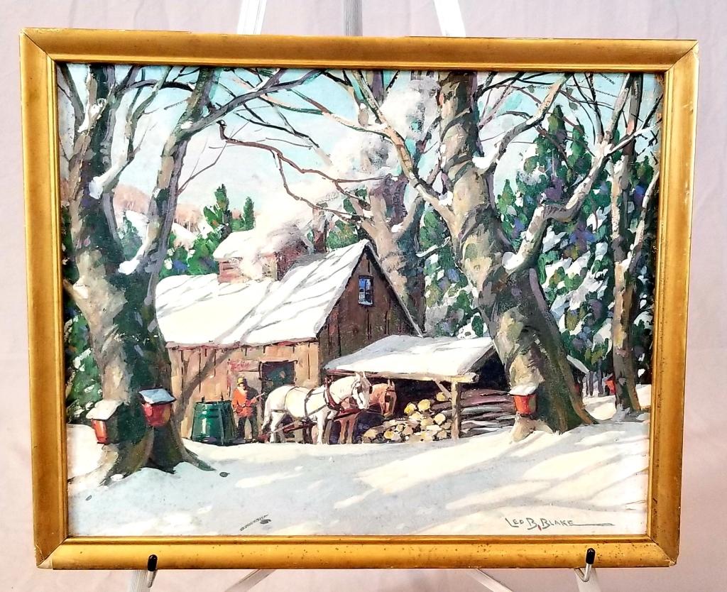 Leo B. Blake (1887-1976) Gauche On Academy Board: Leo B. Blake (American 1887-1976) Gauche On Academy Board, Signed L.R., Depicts New England Maple Sap Gathering In Winter, 20” X 16” H. In Period Gilt Frame, 22” X 18” H. SHIPP