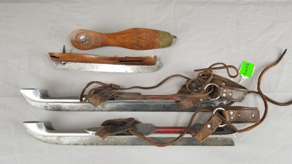 2 Antique Pair Of Ice Skates: 2 Antique Pair Of Ice Skates Includes C/1870 Rosewood And Brass Example Signed Hg Long & Co, Sheffield, 9 ½” Long And A C/1930 Aluminum “Vonks” Frisian Dutch Skates, 15” L