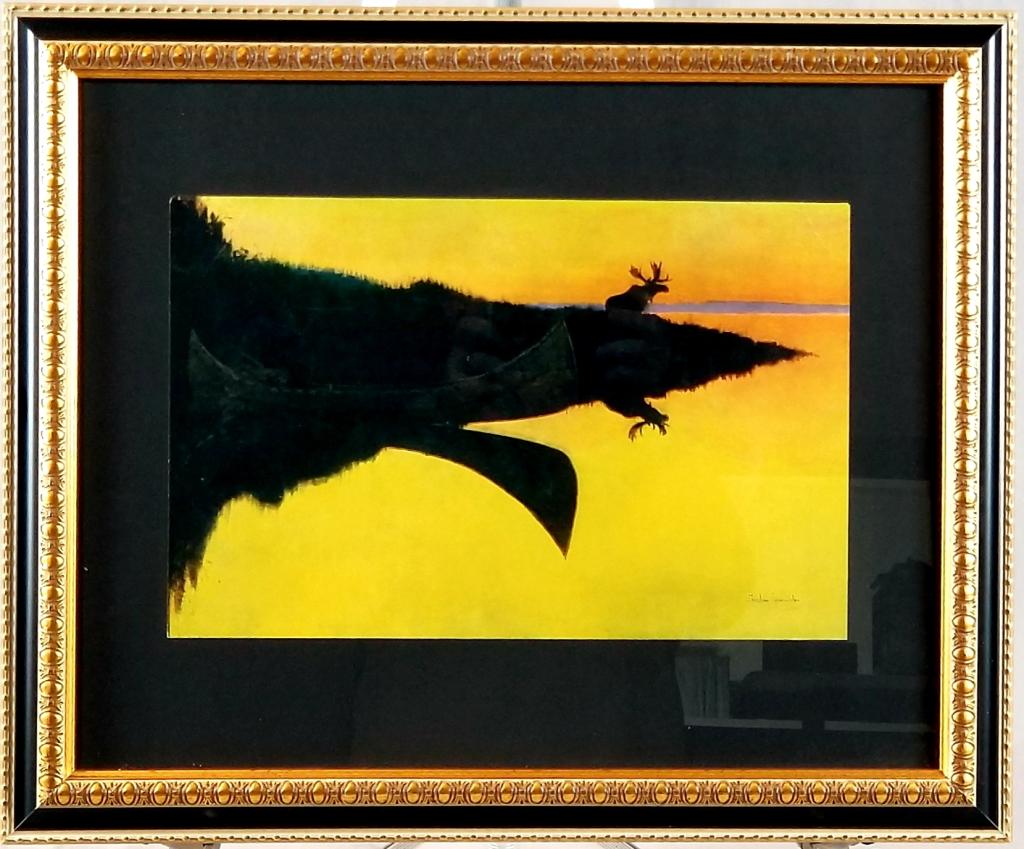 1908 Lithograph Of Moose On Lake At Sunset: Dated 1908 Lithograph Of Moose On Lake At Sunset Signed Frederic Remington (1861-1909), 15 ½” X 10” H. In A Gilt Frame 23”X19” H. SHIPPING: Shipping Handled In-House by Ep