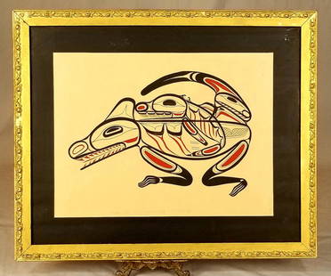 C/1970’S Haida Tribal Serigraph By Tom Price: C/1970’S Haida Tribal Serigraph By Tom Price Depicts Wasgo Sea Wolf And Whale, Printed By Vincent Rickard, 20”X15” H. In An Antique Gilt Wood Frame 27X22” H. SHIPPING: Shipping