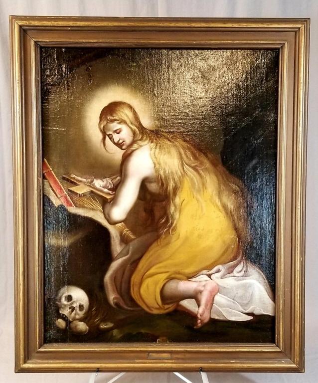 18th C. Oil on Canvas Mary Magdalene Kneeling: 18Th C. Continental School Oil On Canvas Depicts Mary Magdalene Kneeling With Crucifix And Skull, 32” X 40” H. In A Late 19th C. Gilt Frame 39 ½” X 47 ½” H. SHIPPING: