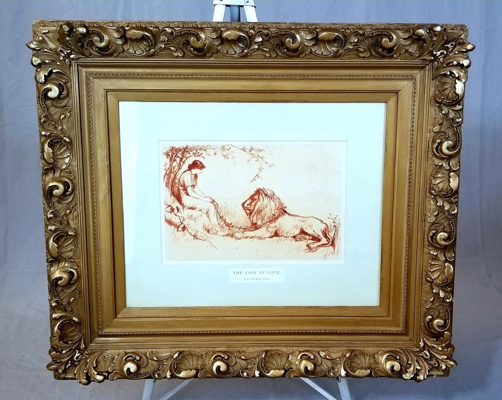 Frederick S. Church (1842-1924) Etching On Paper: Frederick Stuart Church (American 1842-1924) Etching On Paper Entitled "The Lion In Love" Published In 1883 By Cassell & Co., Signed And Dated In The Plate. Plate Is 13 3/8” X 9" H, In A Repaint
