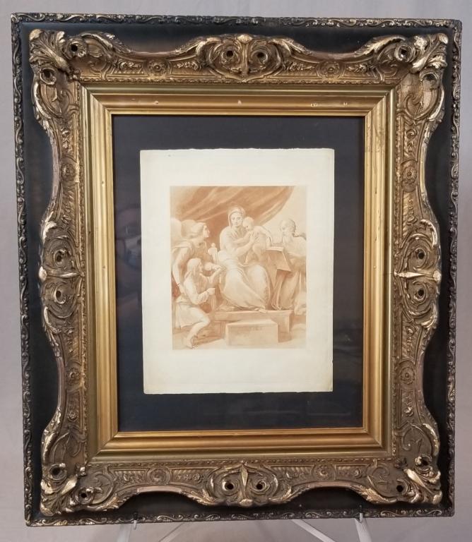 1841 Pen & Wash Litho Of “Madonna With The: Printed In 1841, Pen And Wash Lithograph Of “Madonna With The Fish” After Raphael (Raffaello Sanzio, 1483-1520), 12” X 15 ½” H. In A Louis 15Th Style Gilt Frame 27” 
