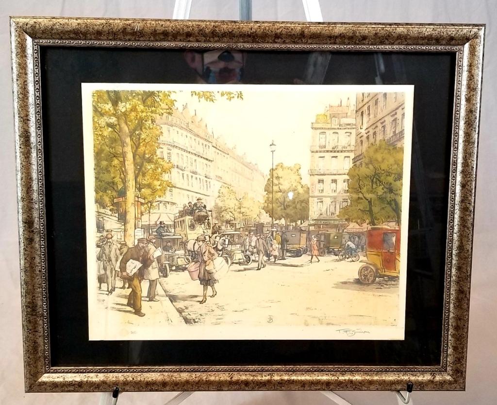 1908 Color Aquatint By T.F. Simon: 1908 Color Aquatint By T.F. Simon (Czech. 1877-1942) “The Grand Boulevards, Paris”, Pencil Signed Lr, 16” X 13” H. In A Dark Silver Gilt Frame 22” X 18” H., Edition