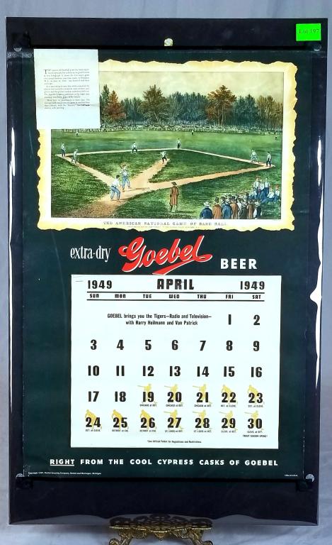 1949 Goebel Beer Baseball Calendar: 1949 Goebel Beer Baseball Calendar With Replica Currier & Ives 19th C. Baseball Game Scene, Includes Advertising For Detroit Tigers, 18”X28” H. SHIPPING: Shipping Handled In-House by Epic