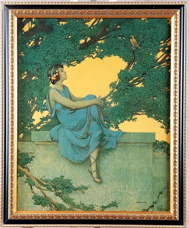 C/1930 Litho Of Girl And Bird By Vincent Aderente: C/1930 Color Litho Of Girl And Bird By Vincent Aderente (1880-1941) In A Gilt Frame, 19”X23” H. SHIPPING: Shipping Handled In-House by Epic