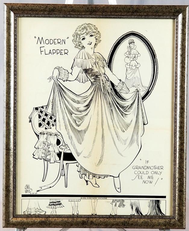 1930 Ethel Hays Illustrated Promo Sheet: Dated 1930 Ethel Hays (1892-1989) Illustrated Promo Sheet From Every Week Magazine, Flapper Subject, In A Silver Gilt Frame, 18”X22” H. SHIPPING: Shipping Handled In-House by Epic