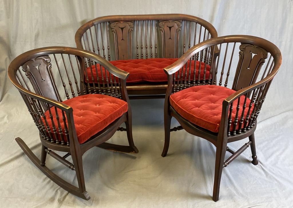 Stickley & Brandt Mahogany Parlor Set C. 1900: 3 piece parlor set from The Stickley & Brandt Chair Co. of Binghamton NY. Includes a settee, a chair and a rocker. H. 33" Settee W. 45" Rocker and chair W. 25 1/4" SHIPPING: Item may be shipped via U-