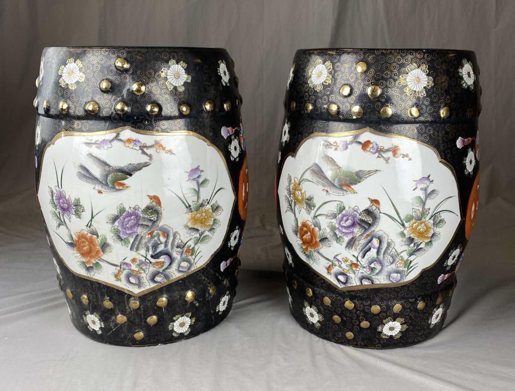 Pair of Chinese Porcelain Garden Seats: Late 20th century. H. 18" There is a hairline crack in one of the seats as shown. SHIPPING: In House Shipping Available.