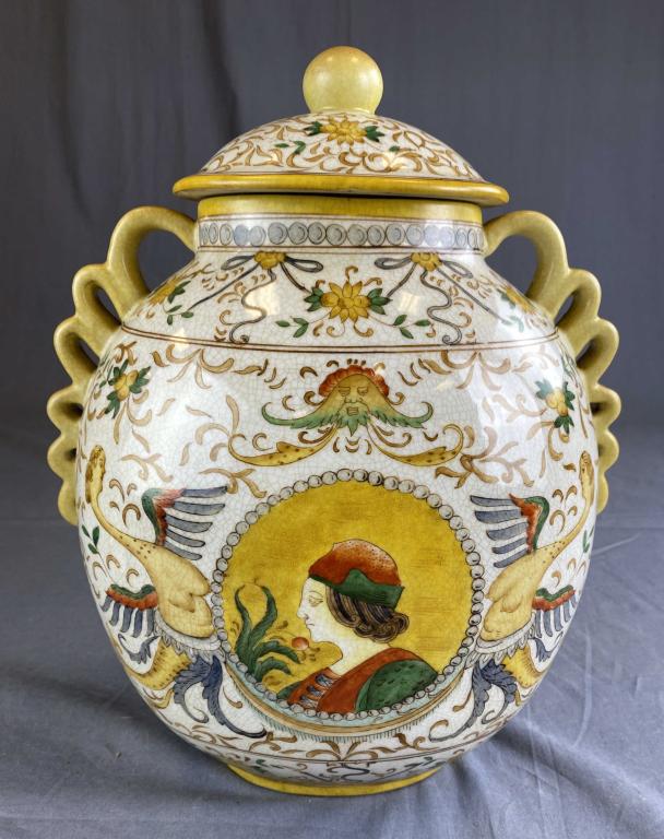 Large Hand Painted Chinese Porcelain Covered Jar: Large Chinese porcelain covered jar in an Italian Renaissance style. H. 13 1/2" SHIPPING: In House Shipping Available.