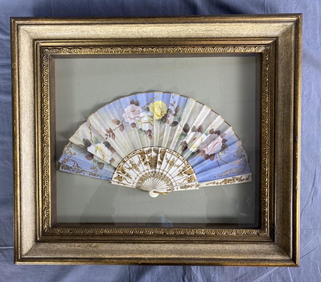 Antique Hand Painted Fan in Shadow Box Frame REO: From an estate of the family of R. E. Olds of Lansing Michigan. Appears to be hand painted on silk with bone ribs. Framed measurements: 20" x 23" SHIPPING: In House Shipping Available.