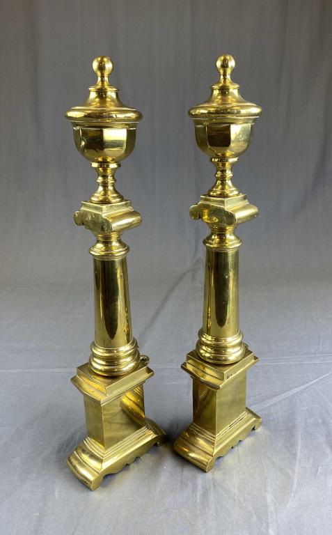 Antique Brass Neoclassical Andiron Fronts: Solid brass columnar andirons, fronts only as shown. Condition: some dents shown in photos. H. 21 1/2" SHIPPING: In House Shipping Available.