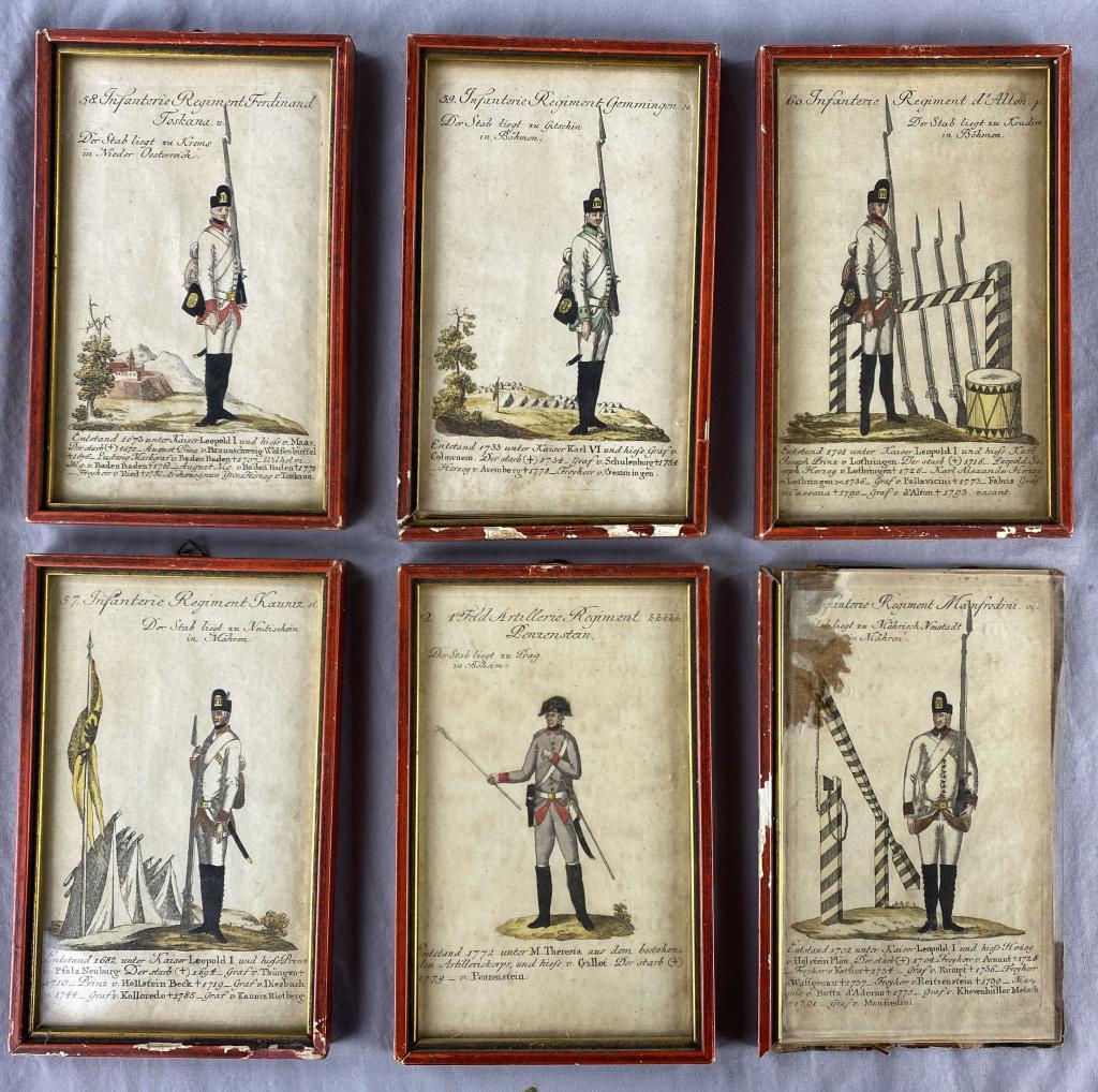 (6) 18th Century Military Aquatint Prints: A group of military prints featuring Kaiser Leopold I, Kaiser Karl VI, depicting events of the late 17th through late 18th century. Framed, each measures 4 1/2" x 7 1/8". Condition: the frames show so