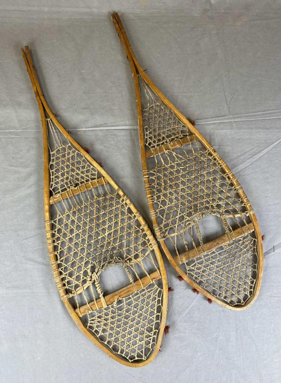 Pair of Small Antique Snow Shoes: I found no maker's mark on them, possibly hand made. They measure approximately 38 1/2" long. SHIPPING: Item may be shipped via U-Ship or the Battle Creek Pak Mail Store. Contact Pak Mail for Shipping