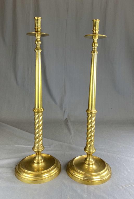 Pair Maitland Smith Monumental Brass Candlesticks: Made in Hong Kong by Maitland-Smith Ltd. H. 29" SHIPPING: In House Shipping Available.