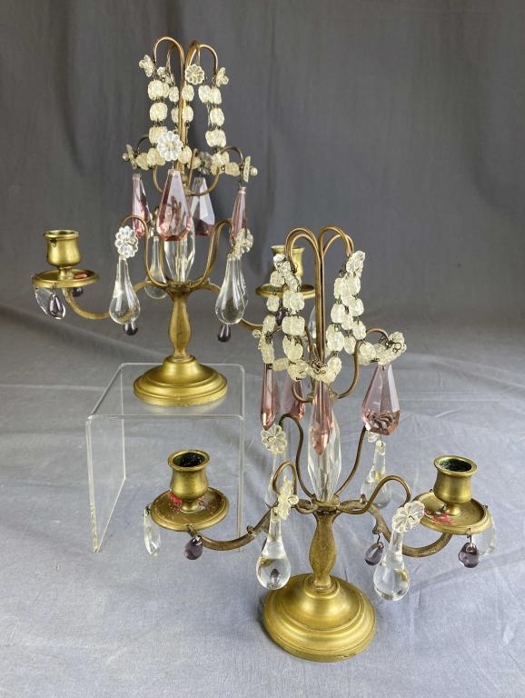 Pair 1920s-30s Brass Candelabras with Prisms: A petite set, each measuring 11" tall. SHIPPING: In House Shipping Available.