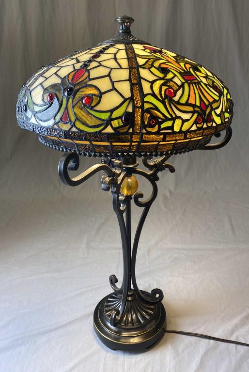 Dale Tiffany Leaded Stained Glass Lamp: Marked with an "Antiques Roadshow Dale Tiffany Inc." tag. H. 28" SHIPPING: In House Shipping Available.