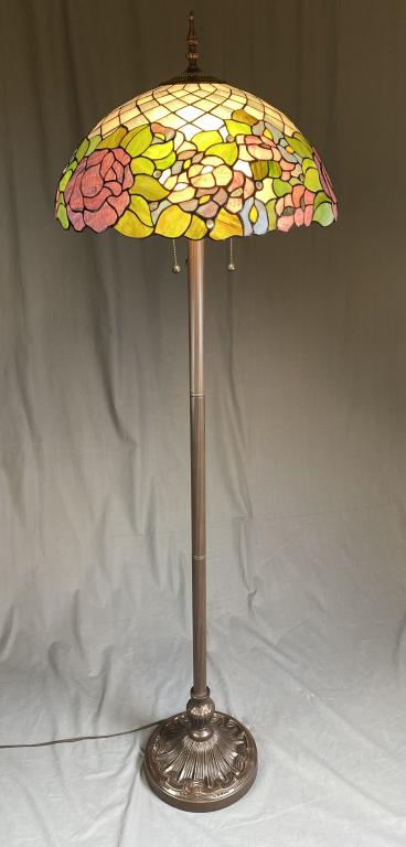 Contemporary Floral Leaded Glass Floor Lamp: Leaded glass shade on a bronze toned metal base. H. 65", W. 20 1/2". SHIPPING: Item may be shipped via U-Ship or the Battle Creek Pak Mail Store. Contact Pak Mail for Shipping Estimate.