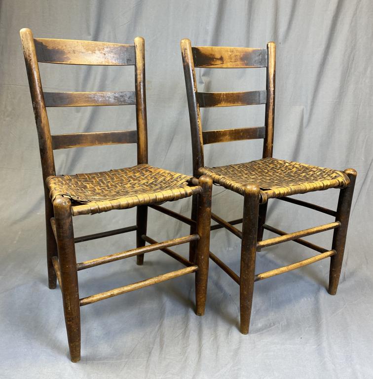 Pair 19th C. Splint Seat Ladder Back Chairs: H. 33", W. 17 1/2". Some breaks in the splints as shown. SHIPPING: Item may be shipped via U-Ship or the Battle Creek Pak Mail Store. Contact Pak Mail for Shipping Estimate.