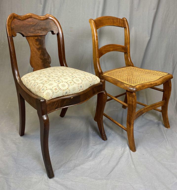 Two 19th Century side chairs: One with a cane seat, the other upholstered. Both measure approximately 31" tall and 17 1/2" wide. SHIPPING: Item may be shipped via U-Ship or the Battle Creek Pak Mail Store. Contact Pak Mail for Shi