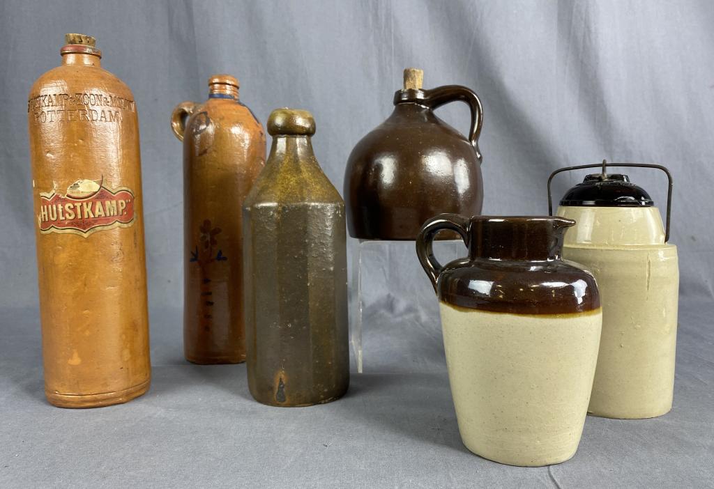 Group of 6 Earthenware Crock Bottles and Jugs: The tallest measures 12". Includes a Weir glass lidded jar dated 1892. SHIPPING: In House Shipping Available.