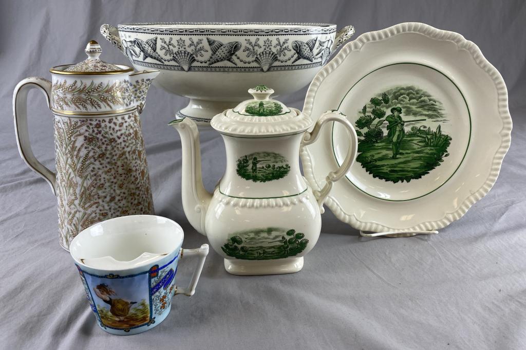 Group of Decorative Vintage Pottery and Porcelain: Includes an English transferware footed oval bowl, 2 pieces of Copeland Spode " Man & Gun, a mustache cup marked "BDL depose" and a porcelain coffee pot marked as shown. For size the plate measures 10