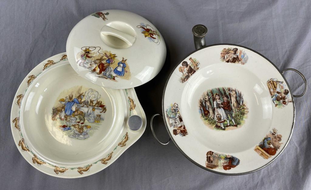 2 Vintage Children's Warming Dishes, Bunnykins...: The victorian metal backed dish has a hairline crack as shown. SHIPPING: In House Shipping Available.