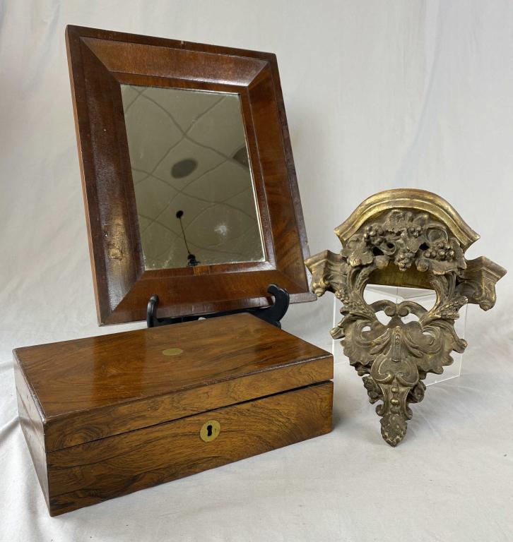 Antique Lap Desk, Mirror, Wall Bracket: 3 decorative pieces including a lap desk (missing interior parts), a mahogany Federal style mirror and a ceramic wall bracket in a faux aged finish. SHIPPING: In House Shipping Available.