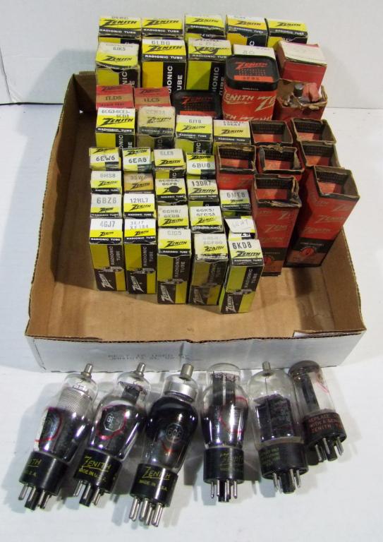 50 Zenith Radio Tubes - Some Boxed Various Sizes: 50 Zenith Radio Tubes, original boxes with some unboxed, various sizes. 12HL7, 13DR7, 13EM7/5EA7, 14J7 (2), 14W7 (2), 14Y4 (2), 1LD5 (2), 2CN3A, 35W4, 3EJ7-XF184, 4GJ7, 57, 6AE7GT (sealed tin), 6BL8/E