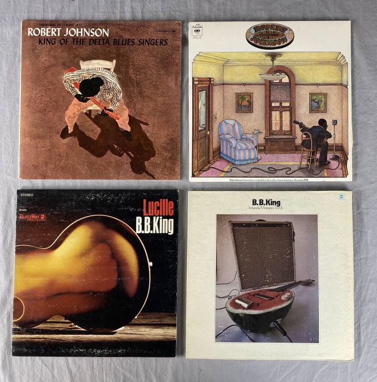 2 Vinyl Blues Albums, B.B. King, Robert Johnson: Includes "Lucille" and "Indianola Mississippi Seeds" by B. B. King and 2 albums by Robert Johnson "King of the Delta Blues Singers". Shipping Handled by Auction House.