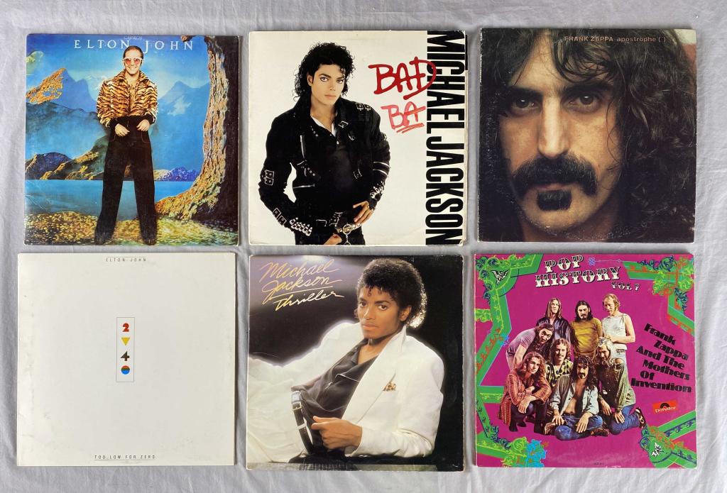 6 Pop/Rock Vinyl Albums - Elton John ...: Michael Jackson and Frank Zappa. Includes "Caribou" and "Too Low for Zero" from Elton John, "Bad" and "Thriller" from Michael Jackson "Apostrophe" and "Pop History Vol.7" from Frank Zappa. Shipping Ha
