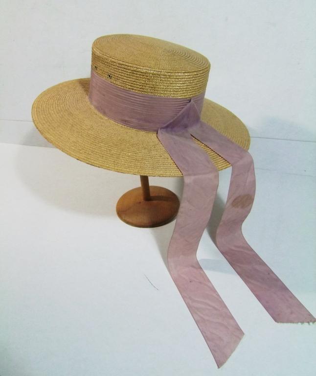 Mid 20th C. Italian Ladies Gardening Hat: Mid 20th C. Italian Ladies Gardening Hat w/wide brim, signed "Antonio Toffani, VeneziaÂ. Finely woven straw with leather interior banding and lavender silk outer band and tails, size 7 1/8, 15x14x5"�