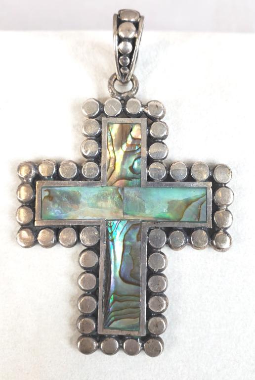 Vintage Sterling Silver Abalone Large Cross: A stunning very large sterling silver cross with abalone marked AT Indonesia 27.88 gmtw 3" x 2".