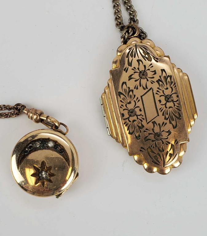 Antique Mourning Lockets: Lot of 2 antique mourning lockets/ necklace. One signed Dunn Brothers gold filled.