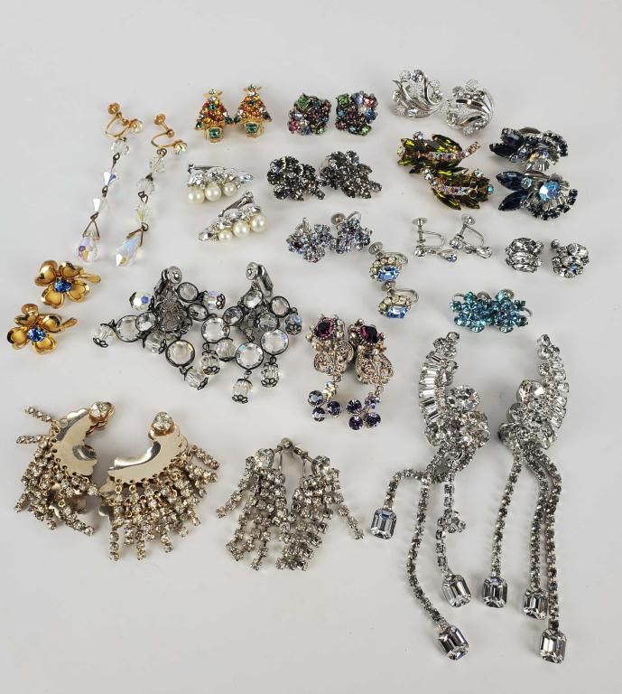 Large Lot Of Vintage Women's Clip Earrings: Lot of 20 mid-century rhinestone earrings. Includes Holly Craft, Weiss, Crown Trifari, Coro, Barclay and more.