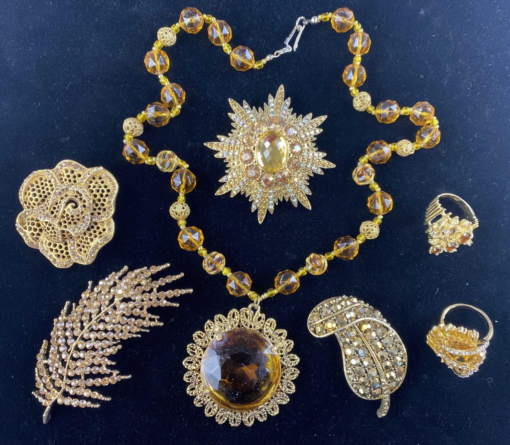 Sparkling Gold Toned Group - Necklace, Rings, Pins (1 of 9)