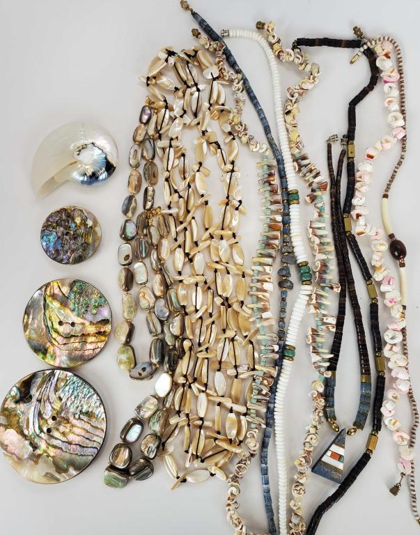Vintage Seashell Mother Of Pearl Stone Necklaces: A fun collection of seashell, coral,bone chokers from many different shores. Also Mother Of Pearl necklaces and button's.