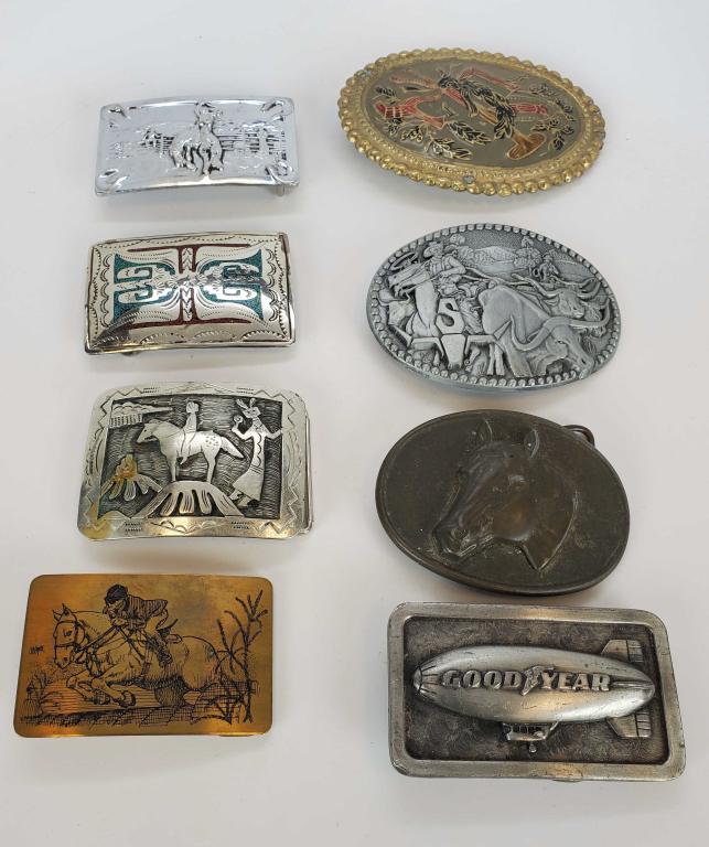 Men's And Women's Belt Buckle Lot Of 8: Many are signed T.Nezzie,AB Kalamazoo, 1974 The Goodyear, Zee Series and unidentifiable mark on large brass piece.