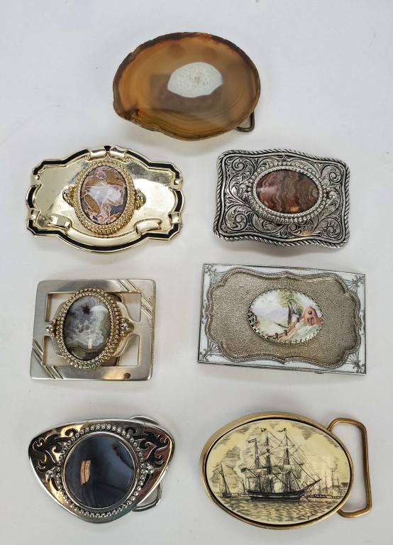 Vintage Belt Buckles Lot Of 7: (1) Scrimshaw sail boat Barlow Brass, (1) hand painted farm and (5) with natural Stones
