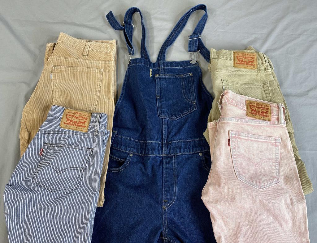 5 Pieces Levi Strauss, Overalls and Jeans: Includes one pair of overalls, 2 pairs of corduroys, a pair of pink jeans and a pair of ticking stripe jeans. See photos for more.