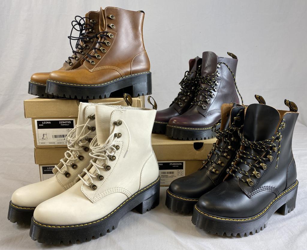 4 Pairs New/Old Dr. Martens Leona Boots: 4 pairs - bone in US L size 11, black in US L size 10, burgundy in US L size 10 an butterscotch in US L size 10.