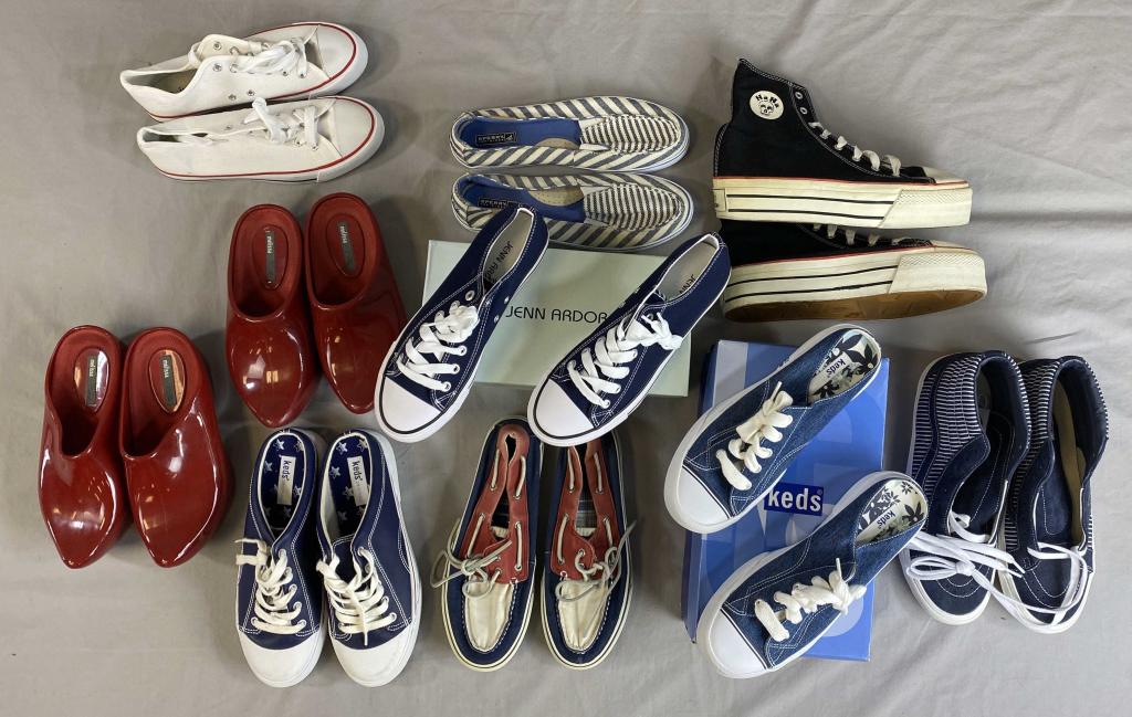 10 Pairs of Sneakers Etc. Vintage and New/Old: Includes Van's, Sperry,, NaNa, Keds and more. A mix of new/old stock and pre-worn. Men's, women's and unisex. See photos for brands, sizes and condition.