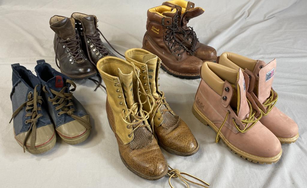5 Pairs Vintage Hiking Boots and Shoes: Except for the pink suede "Safety Girl" Boots which appear unworn, the other pairs are pre-owned and show some wear. See photos for sizes and other details. Sorel, Justin, Chippewa and Lucky are the b