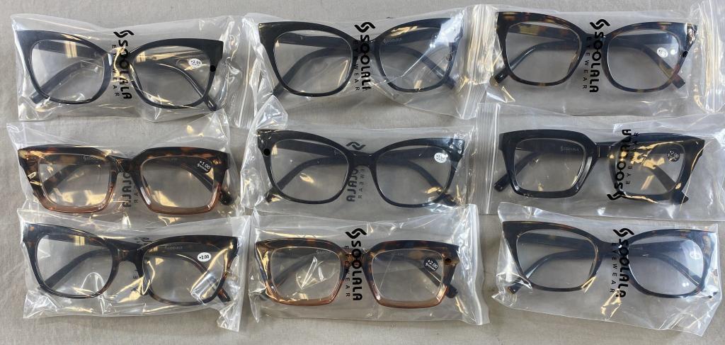 9 Pairs New Vintage Style Soolala Reading Glasses: Never used vintage style reading glasses with their cases. They are fitted with +1.00, +2.00 or +3.00 reading lenses.