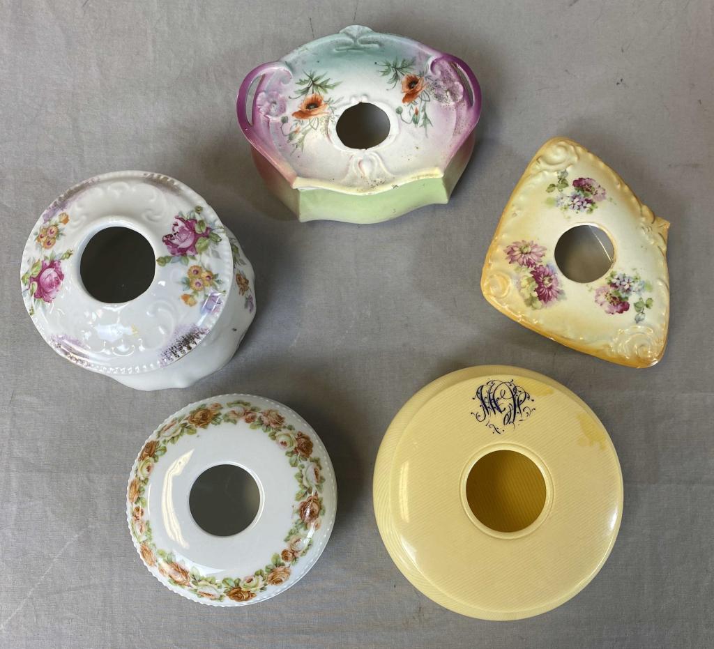 5 Vintage Vanity Hair Receivers: Four in porcelain and one in celluloid marked Ivory Pyralin.